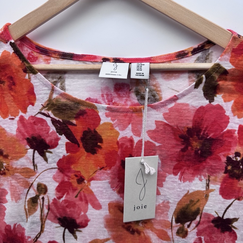 Joie Floral Linen Tee Womens Medium Orange Coral Pink Cap Sleeve Knit Top NWT